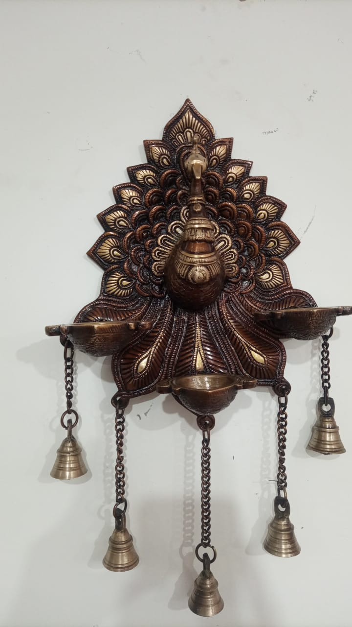 Brass Brown Color Peacock with 3 diyas Wall Hanging for Home Decor/Gift Item